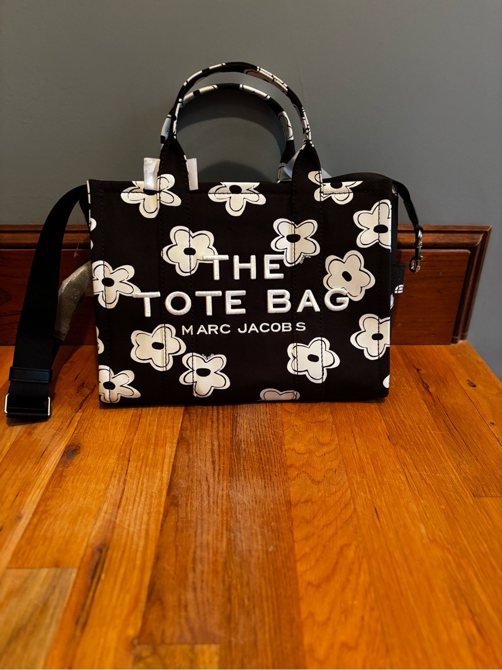 Marc Jacobs Black & White Floral Canvas Tote Bag with Logo